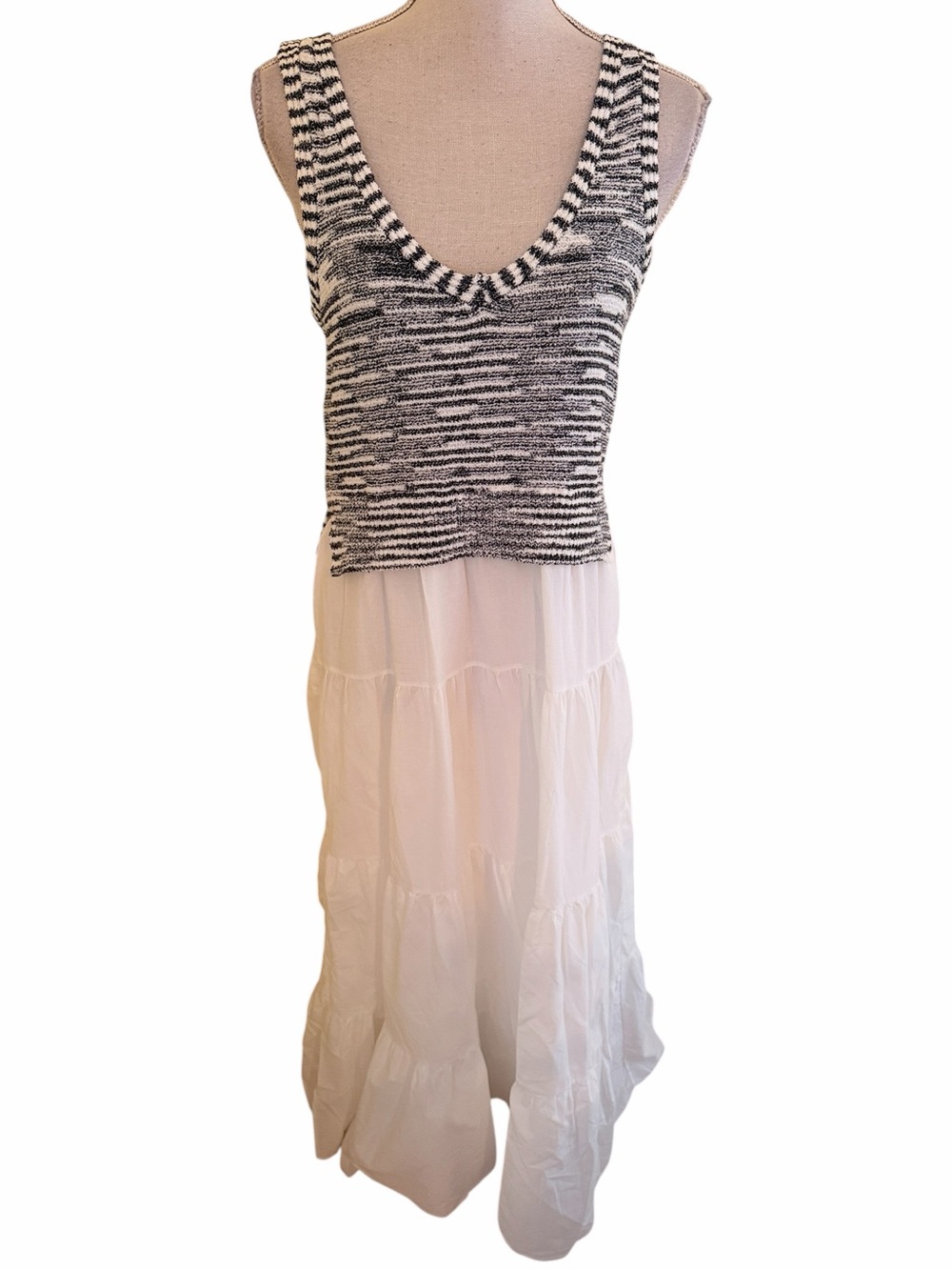 Elan Black & White Knit Bodice White Tiered Maxi Dress NWT
